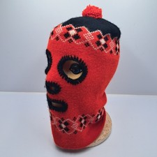 Vintage Knit Full Face Ski Mask Balaclava Red Black Fair Isle Pom Pom