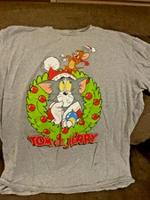 Tom And Jerry Shirt Mens 2XL Gray Short Sleeve Christmas Cotton