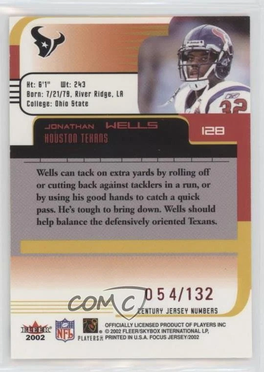 2002 Fleer Focus Jersey Edition Century Numbers /132 Jonathan Wells Rookie RC - Image 2 of 2