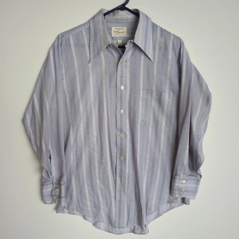 ARROW KENT COLLECTION Vtg 60s 70s Light Purple Striped Dacron Btn SHIRT 16-32 M - Image 2 of 4