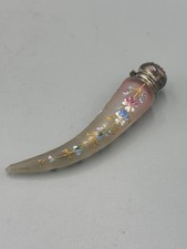 Antique Victorian HornShaped Scent Bottle, Enamel Floral Gilt SilverPlate