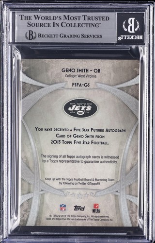 2013 TOPPS FIVE STAR RC AUTOS #FSFAGS GENO SMITH BGS 9 - Picture 2 of 2
