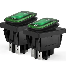 2Pcs 16A/250V Rocker Switch On/Off w/Green Light - Waterproof Boat DPST 4-Pin