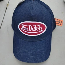 Von Dutch Trucker Hat Dark Blue Denim Embroidered Logo Red Patch Snapback Cap
