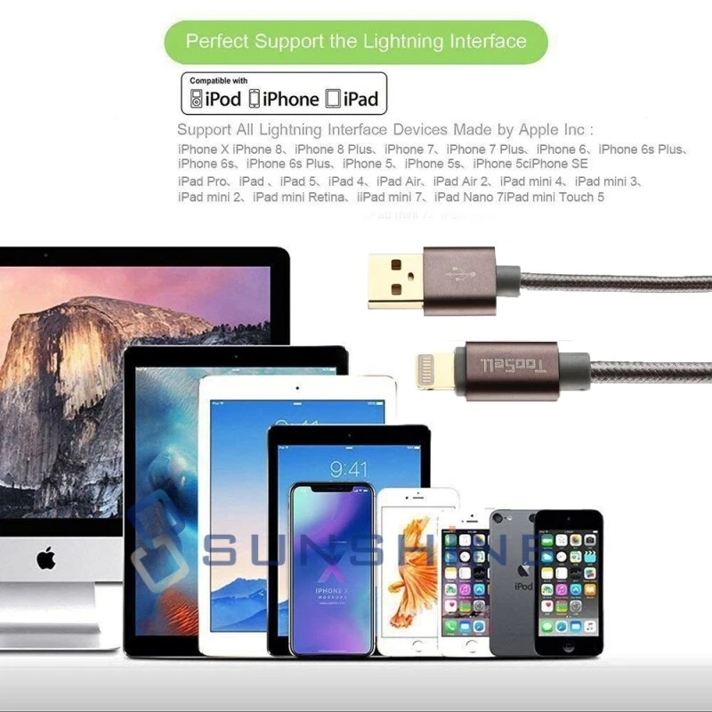 Paquete de 3 cables de datos de carga de 3/6/10 pies cargador de nailon trenzado para Apple iPhone iPad Foto 4 de 4