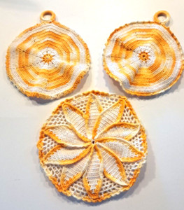 3 Hand Crocheted Cotton Potholders Doilies Orange Yellow White Vintage BOHO EUC