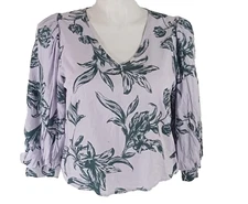 A New Day Top Floral Print Puff Long Sleeve Blouse Lavender Purple Black Tulip
