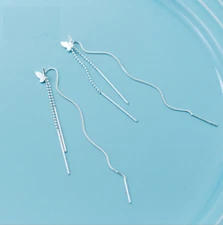 S925 Sterling Silver Butterfly 3" Threader Dangle Drop Earrings Chain Gift PE56