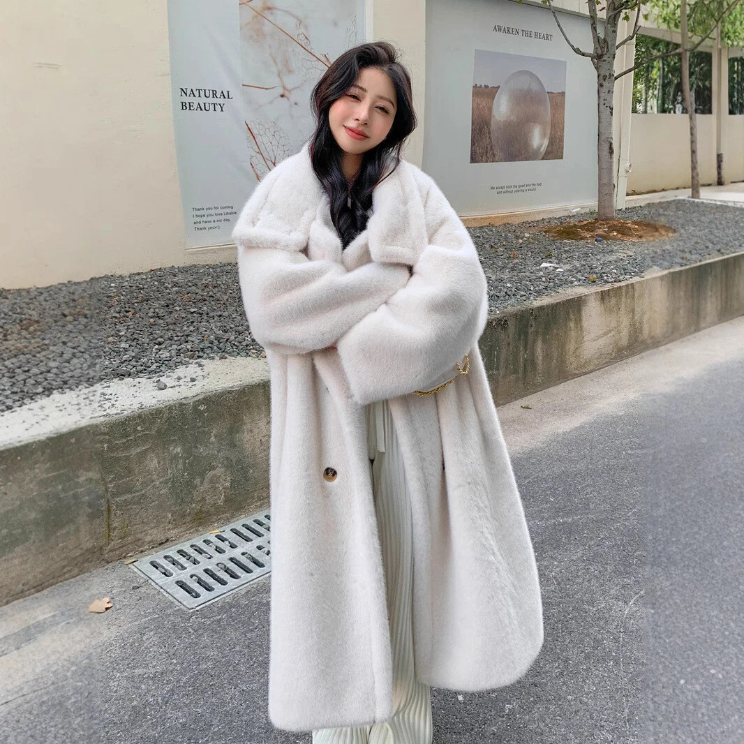 OFF WHITE Cappotto invernale donna lungo pelliccia visone imitazione pelliccia cappotto bottoni spesso peluche giacca