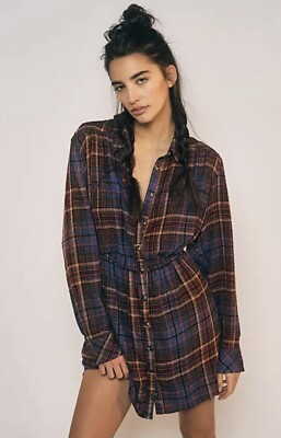 Free people Mini Dress Women Blue Elai Plaid Long Sleeve Vacay Size XS NWT