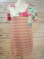 Staccato Pink Floral Striped KniT Colorblock Tee V-Neck Top Boutique Shirt Women