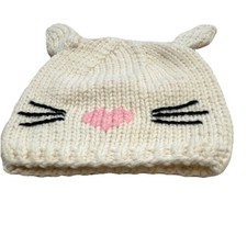 Cat Ear Ivory Knit Beanie Hat Girls One Size Animal Print Embroidered Accents
