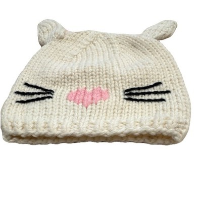 Cat Ear Ivory Knit Beanie Hat Girls One Size Animal Print Embroidered Accents