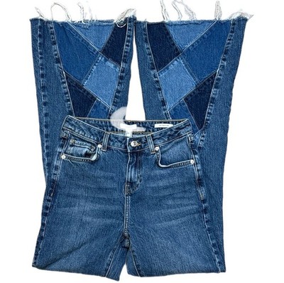 Forever 21 Womens Mid Rise Flare Jeans Size 25 Blue Denim Patchwork Boho Rare