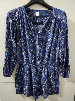 GAP Romper Womens XS Blue Long Sleeve Conceal Button Up Tie Floral Boho Hippie