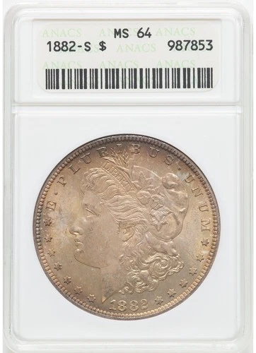 1882-S Morgan Silver Dollar ANACS "Soapbox Holder" MS 64 (Toned)