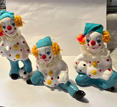Hand Painted Ceramic Clown Figurines Set of 3 Polka Dot Glazed Felt Hats