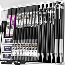 34PCS Black Art Mechanical Pencils Set, Metal Drafting Pencil 0.3 0.5 0.7,0.9 Mm