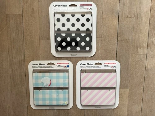 3x New Nintendo 3DS Cover Plates Gingham Blue, Black & White Dot, Pink & White