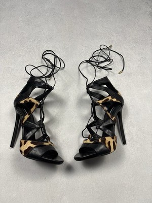 Archive Dsquared2 Safari Tie Me Up Leopard Calf Hair Stiletto Heels Ankle Strap