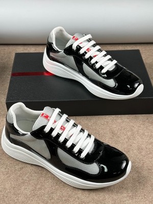 Prada Black Gloss Patent Silver Mesh America's Cup Walking Sneakers