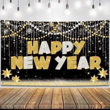 KatchOn, Large Happy New Year Banner - 72x44 Inch | Gold & Black 