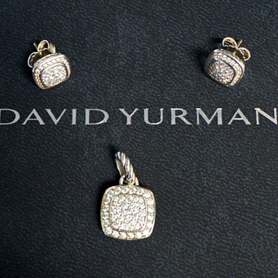 David Yurman 925 Sterling Silver Pavé Round Diamond Cushion Stud Earrings