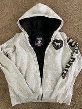 PINK Victoria's Secret Full Zip Hoodie Gray Faux Fur Lined Logo Dog Size L