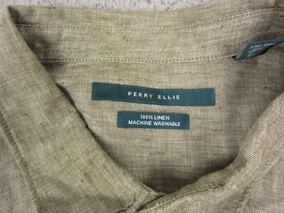 Perry Ellis Shirt Adult 2XL XXL Green 100% Linen Button Up Men Camp Short Sleeve - Image 3 of 4