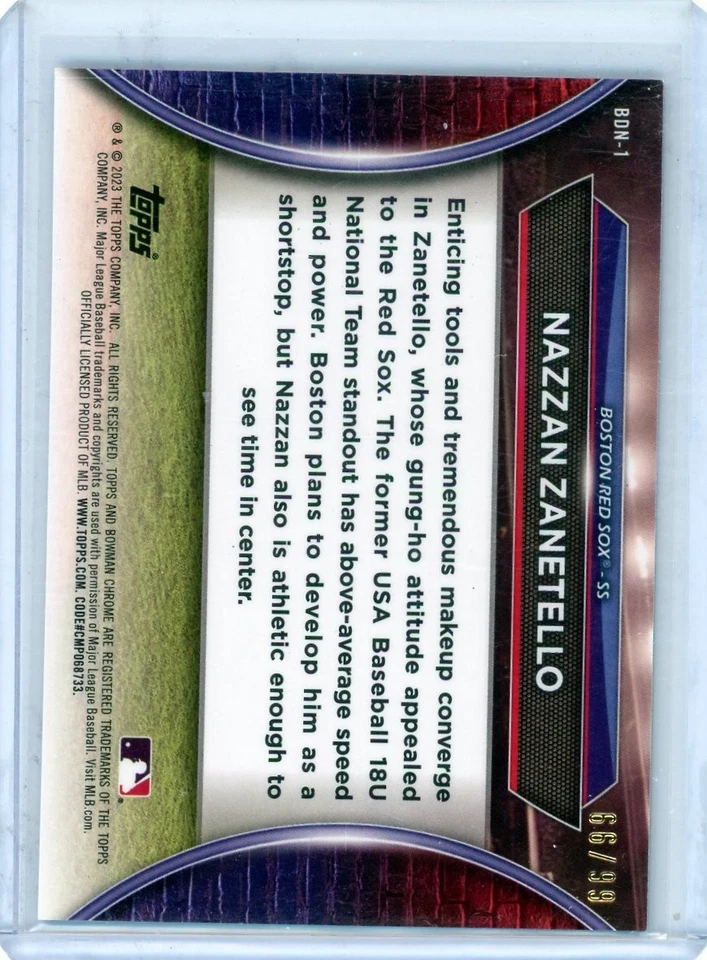 NAZZAN ZANETELLO - Red Sox -2023 Bowman Chrome Draft Night Green Refractor 66/99 - Image 2 of 2