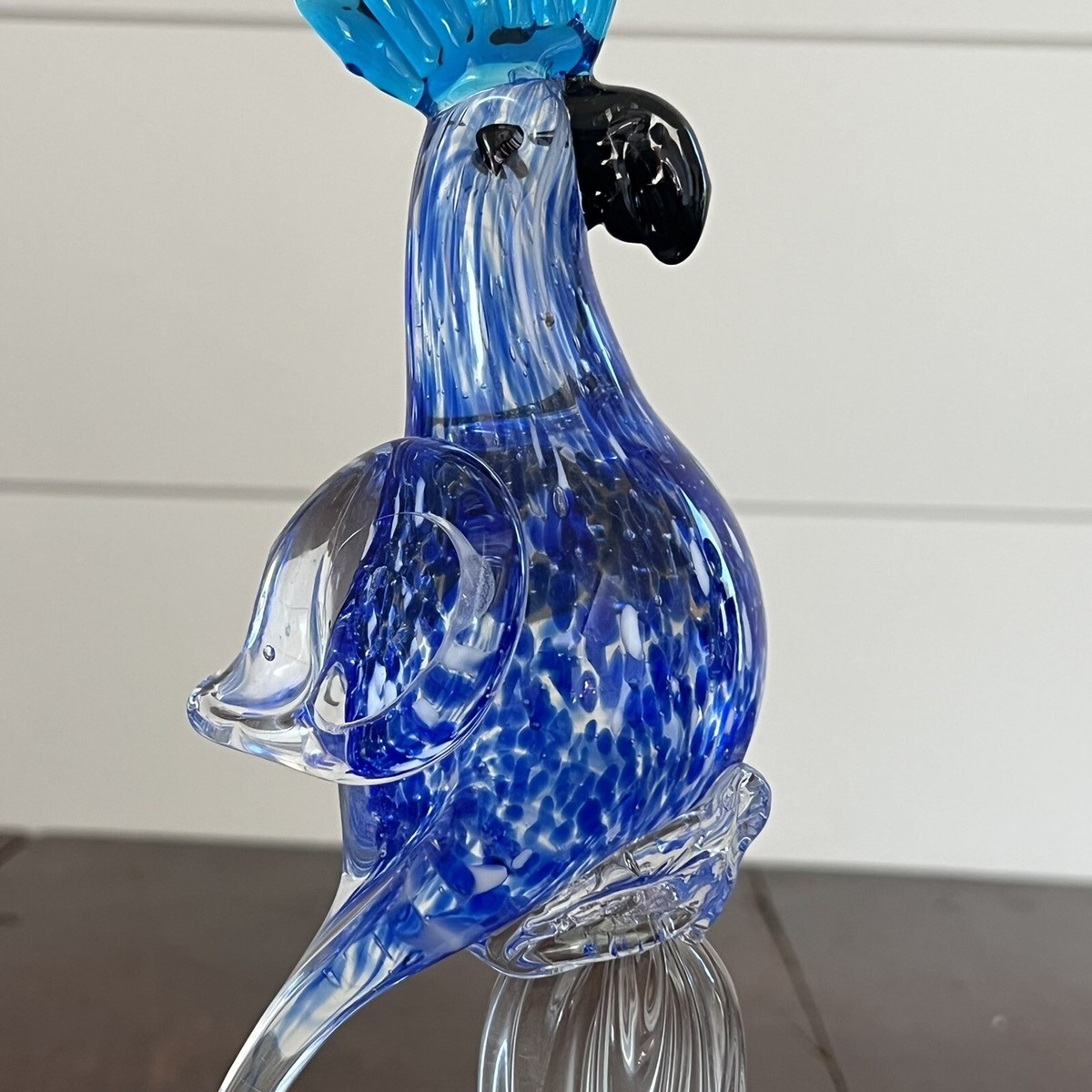 Vintage MURANO Style Blown Art Glass Blue Parrot Bird Black