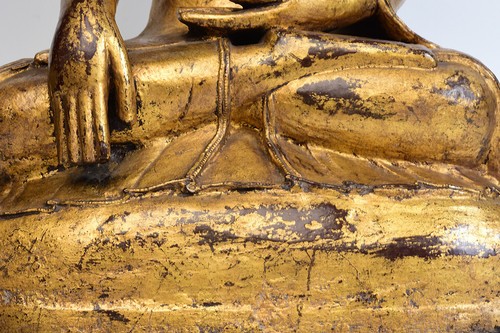 19th Century, Mandalay, Antique Burmese Wooden Seated Buddha with Gilded Gold - Picture 5 of 13