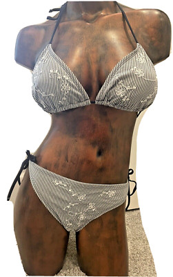 ESPRIT 2 PIECE HALTER NAVY WHITE SIDE TIE BIKINI LG LARGE SEXY Swimwear NWT