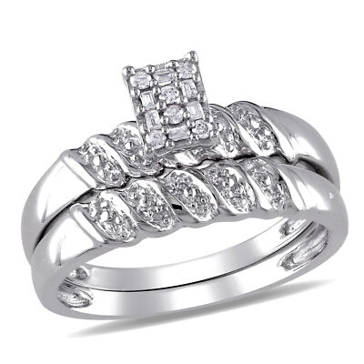 Amour Sterling Silver 1/10CT TW Baguette and Round Diamond Bridal Ring Set