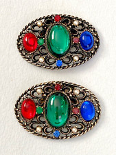 Vtg Chunky Tip Toe Green Blue Red Glass Cabochon Rhinestone Oval Shoe Clips