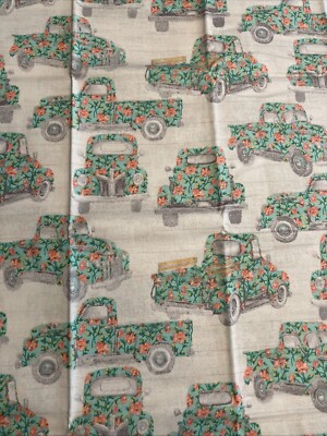 Vintage Truck Floral Flowers Aqua Teal 100% Cotton Fat Quarter  18 x22  New