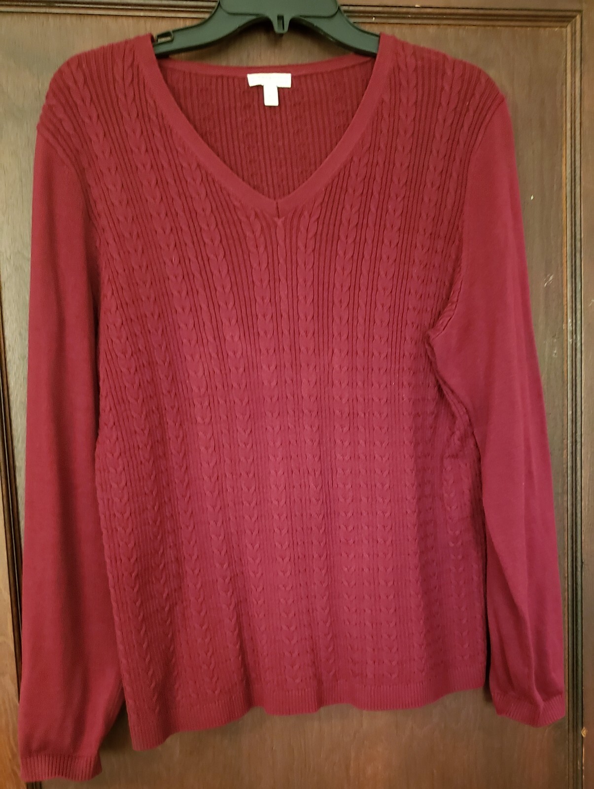 Talbot's Pullover Sweater XL Maroon V-Neck Cable Knit Long Sleeves 100% Cotton