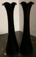 Vintage Set of (2) Hand Blown Amethyst Scalloped Rim Glass Vases 8" x 2.25" Exc
