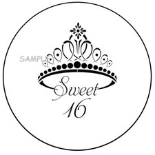30 sweet 16 Envelope Seals Labels Stickers 1.5" Round sixteen crown black white