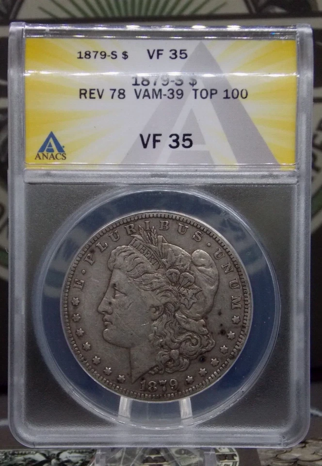 1879 "S" Morgan SILVER Dollar *REVERSE of 1878* $1 ANACS VF35 #673 VAM-39 VF - Image 3 of 4