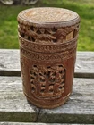 Antique Chinese Bamboo Tea Canister Carved Dragon Signed Calligraphy
