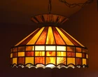 Vintage MCM Tiffany Style Large Carmel and Brown Stained Glass Hanging Lamp 18"