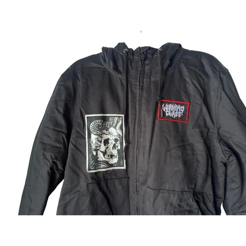 Lurking Class by Sketchy Tank Black Hooded Canvas Jacket Skull Patches Mens S image 2