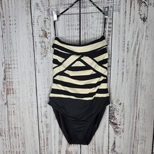 NWOT La Blanca Black Cream Striped Bandeau One-Piece Swimsuit Size 12 Padded