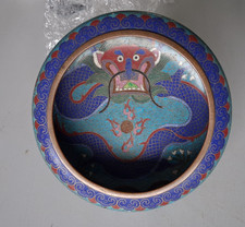 Antique/Vintage Chinese Cloisonne 5 Toed Dragon Chasing Flaming Pearl Bowl