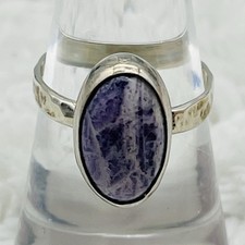 Sterling Silver Ring Purple Stone Lace Agate Hammered Metal Size 7.5