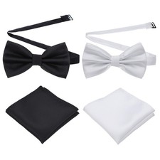 2 Set Mens Bow Tie Pocket Square Set, White Pocket Squares for Men Solid Col...