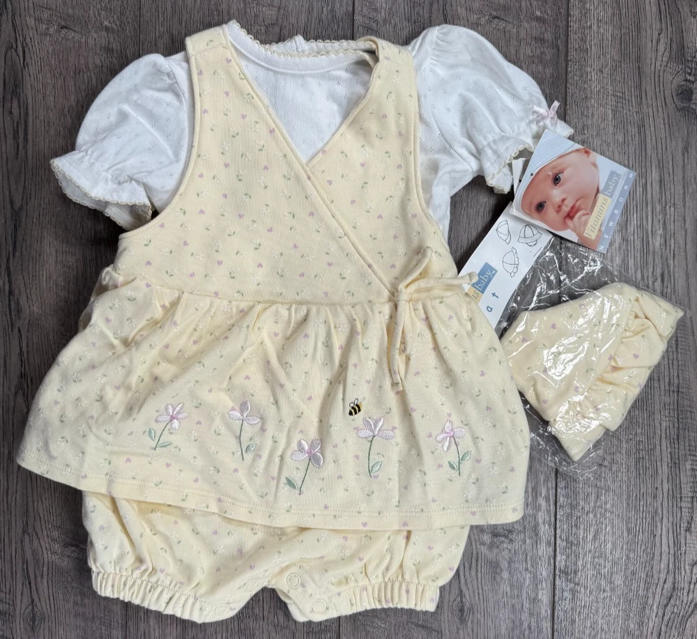 Baby Girl Clothes New Vintage Vitamins 6-9 Month 3pc Yellow Bee Outfit W/Hat
