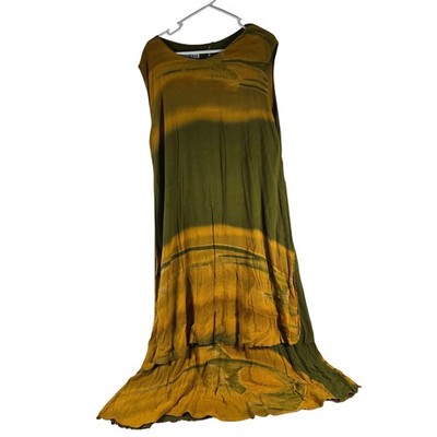 Kresno Genuine Handmade Batik Maxi Dress Olive Green Yellow Tie Dye Sleeveless