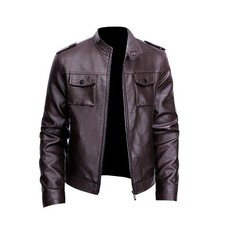 Men's winter warm double pocket PU leather jacket stand collar slim fit jacket